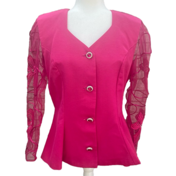 Vintage Karen Miller Hot Pink Button Front Sheer Sleeve Blazer Size Medium - Picture 1 of 13